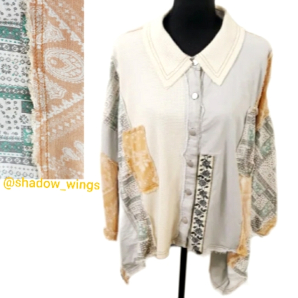 POL Patchwork Contrast Button Front Shirt / Size Medium Multicolor Poncho Top